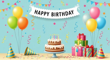 Happy Birthday Background Design – Colorful Celebration with Balloons, Confetti, and Festive Elements

