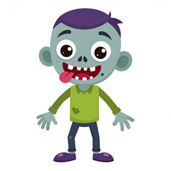 Cute cartoon zombie with green skin and purple hair sticking out its tongue playfully, wearing torn green shirt and dark pants, standing on white background