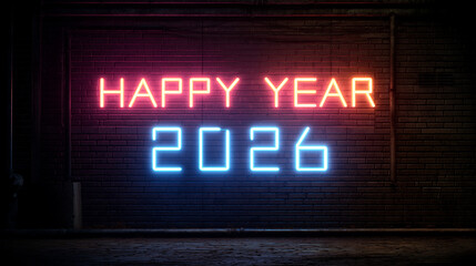 Fototapeta premium Happy New Year 2026 Neon Sign on Brick Wall for Holiday Celebration