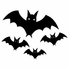Five black bats flying white silhouette