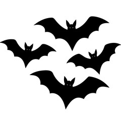 Five black bats flying against white silhouette