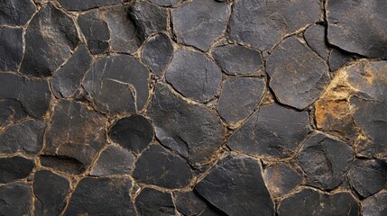 Black stone wall background with rough textures and brown grout lines. Use for backgrounds and textures for realistic graphic designs.