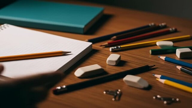 Organized Workspace with Pencils and Notebooks on Wooden Desk Still Life