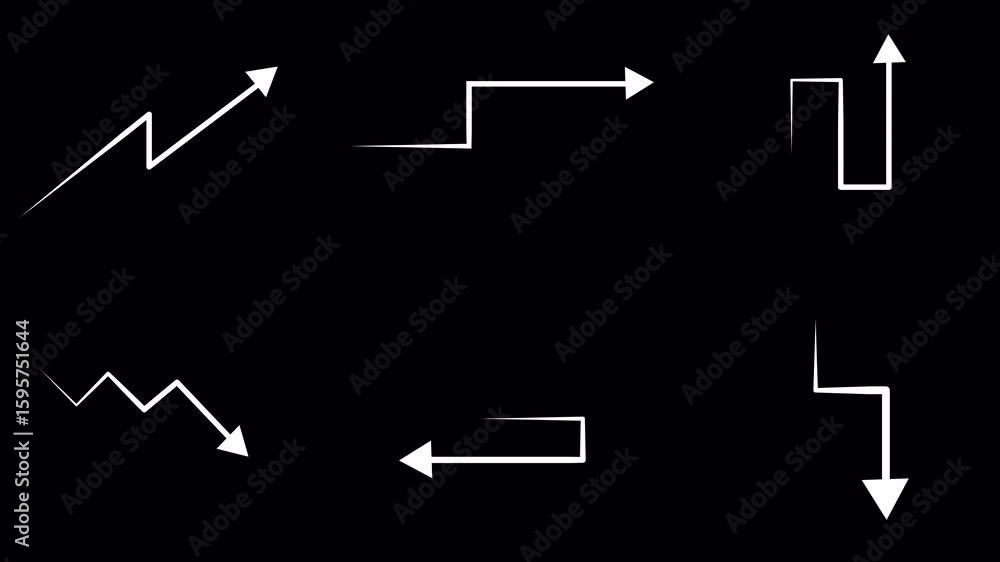 Poster six arrow icon sign animation on black background, simple creative curve arrows set icon animated with alpha channel.