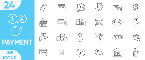 Payment line icon set.editable stroke.Money transfer, money, banking, payment, online wallet, credit card, exchange, cash and more.Vector and illustrator set.