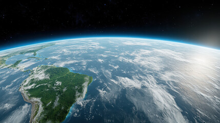 Earth view from space, showcasing vibrant landmasses and clouds, evokes sense of wonder