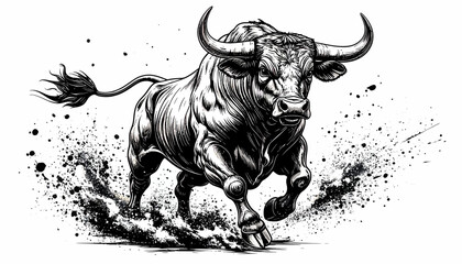 Fierce Bull Illustration Charging Animal Art with Dynamic Splash Effect for Bold Designs