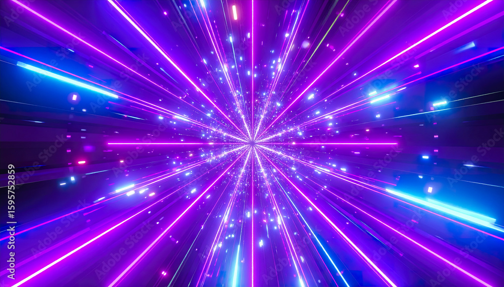 Poster firefly abstract flight in retro neon hyper warp space tunnel with bright glowing purple and blue li