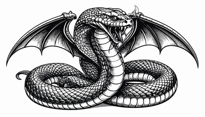 Obraz premium Intricate Engraving of a Mythical Winged Serpent Coiled and Ready to Strike, Detailed Illustration