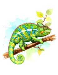 Obraz premium A vibrant watercolor illustration of a green and blue chameleon perched on a branch with leaves, featuring artistic splashes and a lively, detailed style