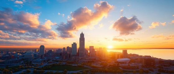 Breathtaking cityscape skyline view at sunset with tall buildings and vibrant colorful clouds