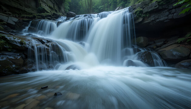 Cascading waterfall flows over rocks in a lush forest environment on a cloudy day