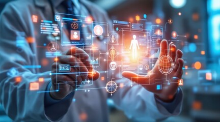 Remote Health Solutions concept. Futuristic medical technology in a digital interface setting.