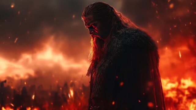 Intense, fiery scene featuring a bearded warrior
