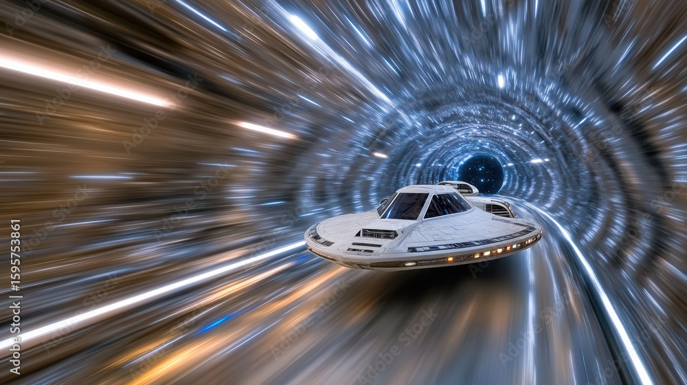 Poster futuristic spaceship traveling through glowing time tunnel, creating sense of speed