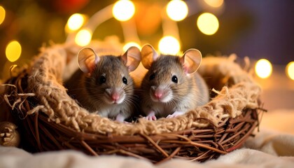 Adorable mice pair in cozy nest with Christmas lights bokeh background.