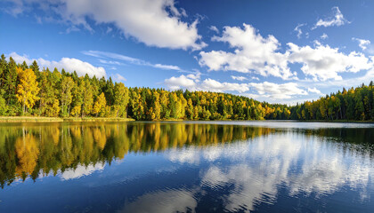 Fototapeta premium Calm lake with gentle ripples reflecting dense forest shoreline with early autumn colors under bright blue sky with scattered white clouds creating peaceful scene