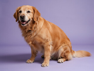 Golden retriever dog sitting, full-body shot photography isolated on a purple background