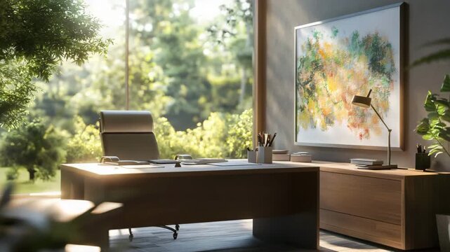 A cozy desk setting featuring an artistic painting surrounded by warm lighting and decorative items