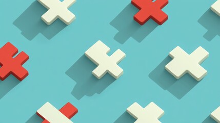 Obraz premium An abstract image featuring a repeating pattern of off-white and red 3D cross shapes on a light-blue background. The crosses cast distinct shadows