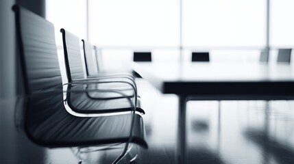 Row of chairs facing window, large table; muted monochrome, focus on foreground seating