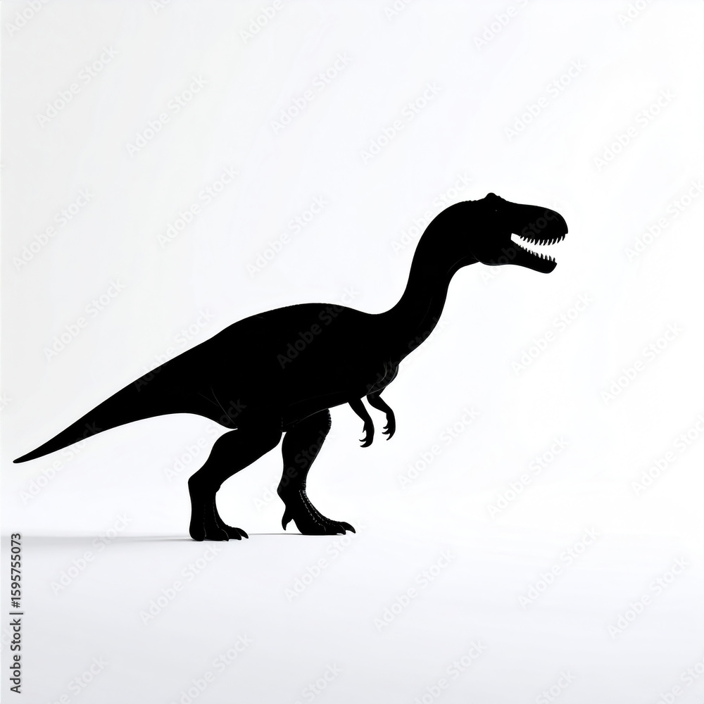 Poster dinosaur silhouette in side profile with open mouth and sharp teeth standing on plain white backgrou