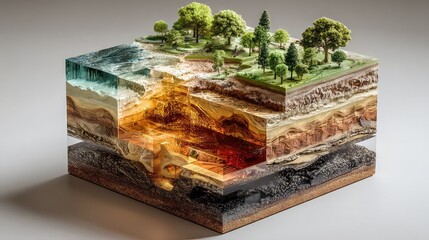3D geological cutaway of earth layers highlights soil science, environmental modeling, and underground mapping using digital visualizations for research and geospatial technology.