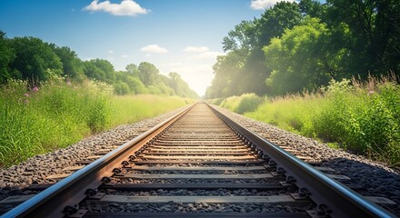 Obraz premium Tranquil railway journey through lush green countryside towards sunlit horizon