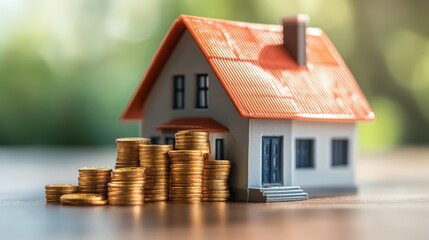 Small model house with stacks of coins symbolizing real estate investment or property savings concept