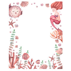 Watercolor wreath, frame of pink mermaid, shells, seaweed, coral, starfish, pearl. Sea life