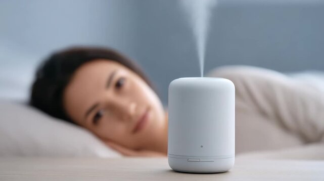 Aromatherapy session at home featuring a woman resting peacefully in bed with the scent diffuser in the foreground.