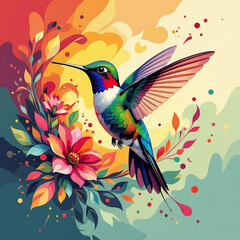 Vibrant hummingbird with paint splatter background.