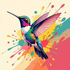 Fototapeta premium Vibrant hummingbird with paint splatter background.