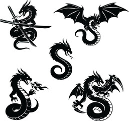 Five stylized black dragon designs; variations in pose and wing presence.