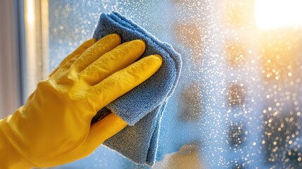 Hand in yellow glove cleaning a window