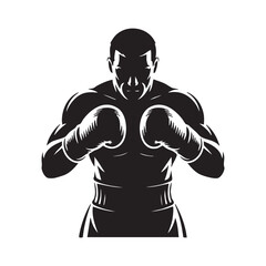Silhouette Of A Strong Boxer With Gloves Preparing For A Fight In Vector Style