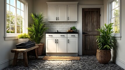 A compact bathroom with high storage cabinets, white subway tile, and patterned floor.