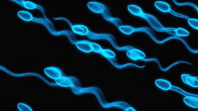 High-Resolution Animation of Blue Glowing Sperm Cells Microscopically
