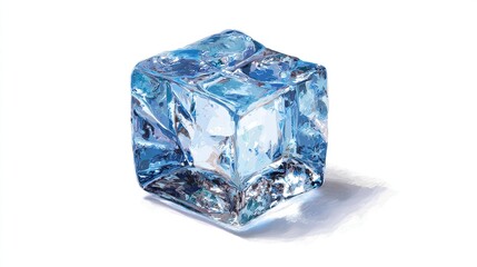 A clear, detailed illustration of a single ice cube, casting a soft shadow against a stark white backdrop