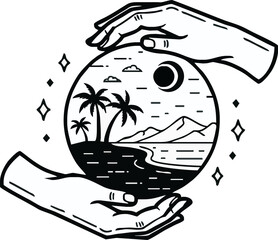 Gentle hands cradle a miniature tropical island scene within a sphere, under a crescent moon.