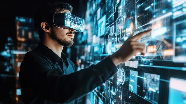 Man in VR headset interacts with large wall of glowing digital interfaces