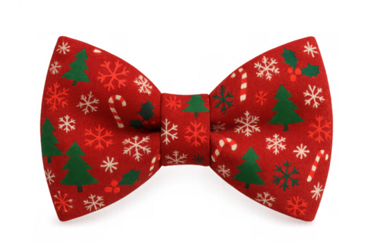 Festive red christmas bow tie with a pattern of snowflakes, candy canes, holly, and christmas trees, isolated on a transparent background