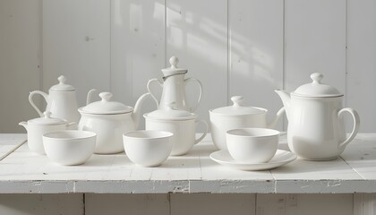 Fototapeta premium White ceramic kitchenware set on a white wooden table, soft daylight, rustic minimalism