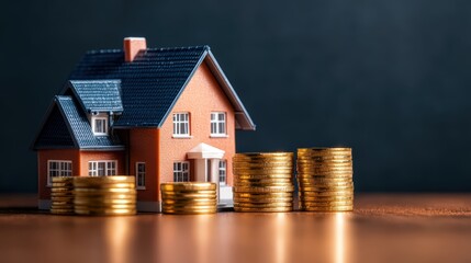 Modern suburban house with stacks of gold coins symbolizing wealth property value and financial growth