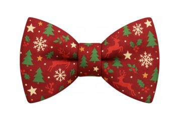 Red christmas bow tie with reindeer, snowflakes, and trees pattern, isolated on transparent background, perfect for festive occasions