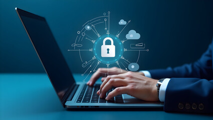 Person typing on laptop with security graphic overlay