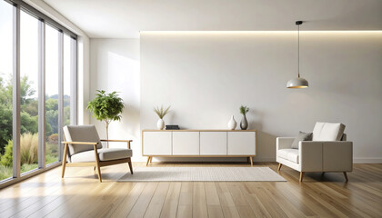 Fototapeta premium Minimalist living room with white armchair, wooden floor, sleek cabinet, large windows, and natural light creating calm and cozy atmosphere with modern decor and plants