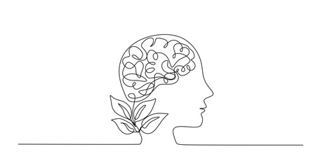 One continuous line drawing of human head with plant inside. Mental health and psychology vector concept. Creative ideas  grow up  positive thinking and self care. Growth mindset skills illustration