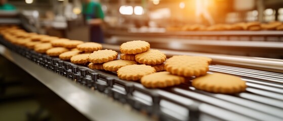 Obraz premium Industrial Biscuit Production Line with Rolling Conveyor for Baking Cookies in a Factory Setting