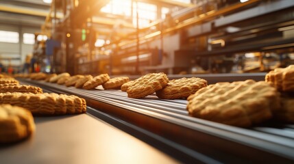 Industrial cookie production conveyor belt with freshly baked cookies in a commercial bakery setting